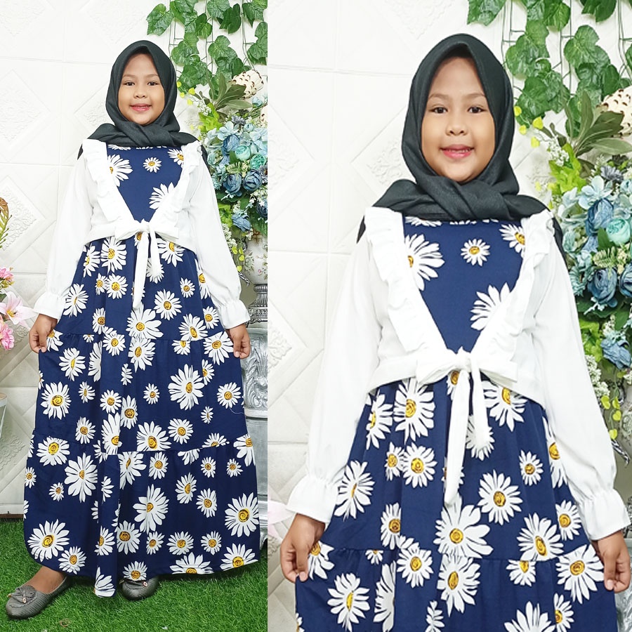 CARLINA – Gamis Anak Rompi Putih Ruffle Bunga Muslimah Kaaffah 3-13 tahun Dress Panjang Kids