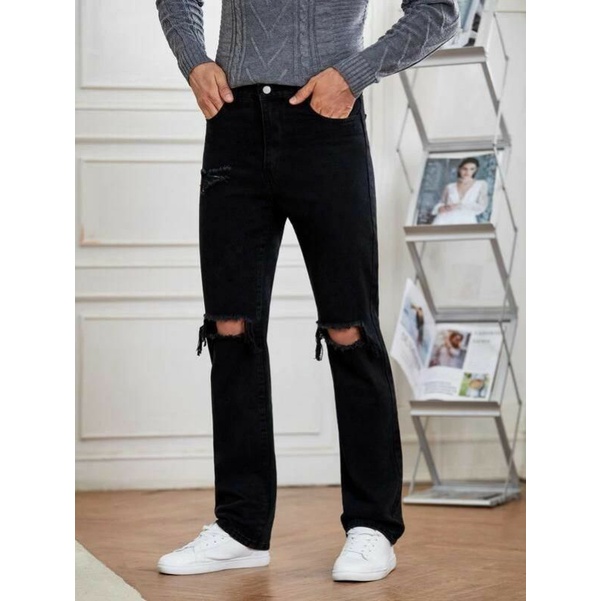 CELANA SOBEK PRIA RIPPED JEANS ROBEK STANDAR REGULER BASIC HITAM 27-38