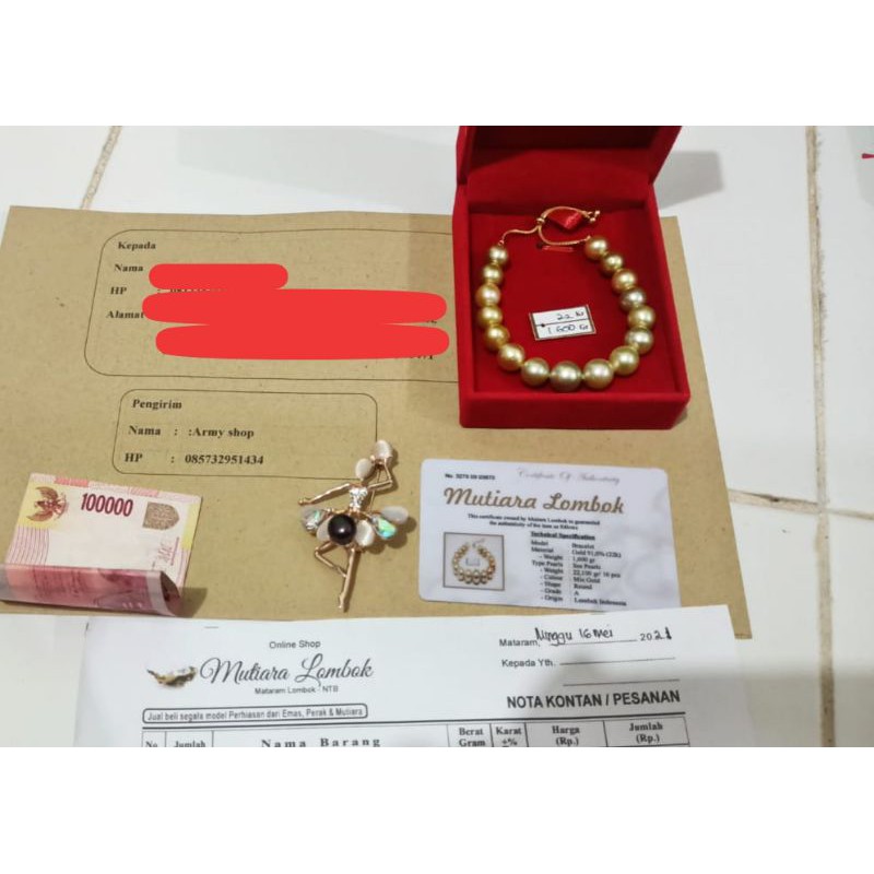 Gelang emas 22 karat mutiara air laut grade A lombok asli bersertifikat