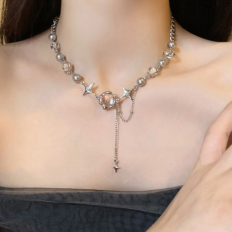 Kalung Rantai Klavikula Model Rumbai Silang Bahan Zirkon Warna Silver Untuk Wanita