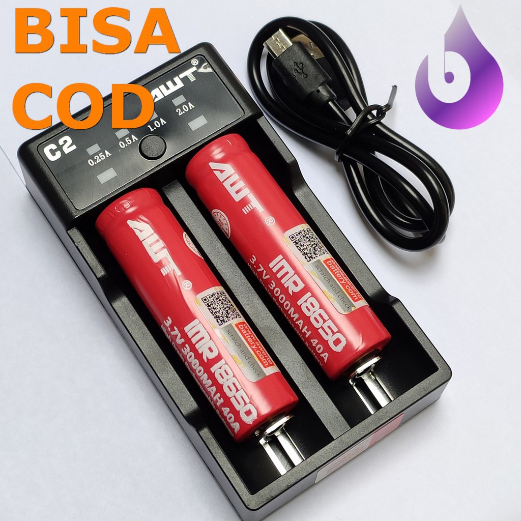 PAKET CHARGER DAN 2 BATTERY AWT AUTHENTIC AWT VAPE 18650 2 SLOT