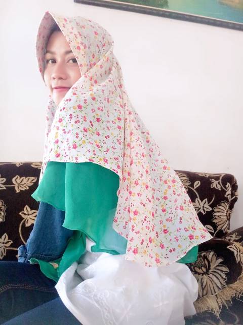 Jilbab instan double layer polos kombinasi bunga