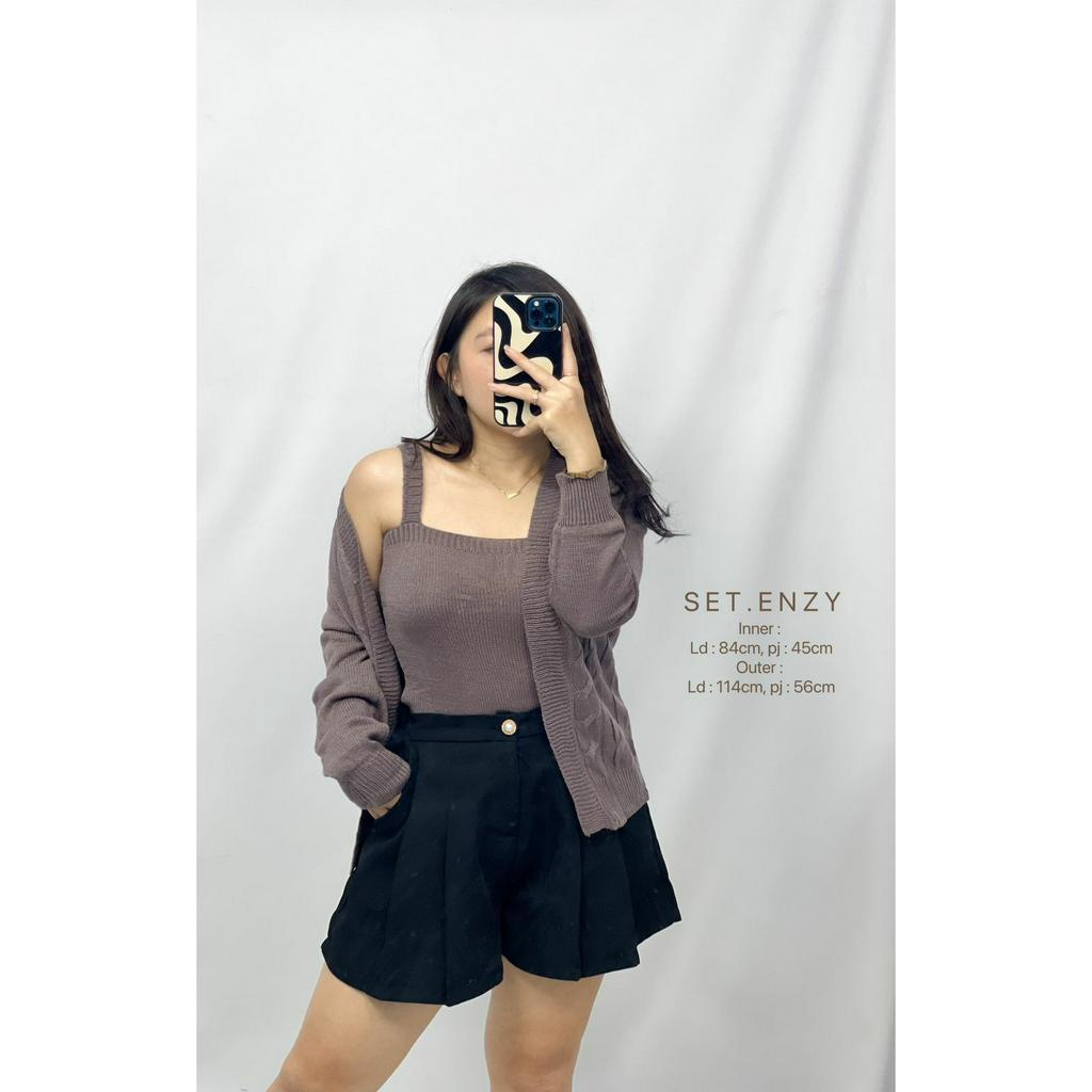 Setelan Atasan Cardigan Tank Top Wanita Bahan Rajut Halus Set Enzy HOPYLOVY