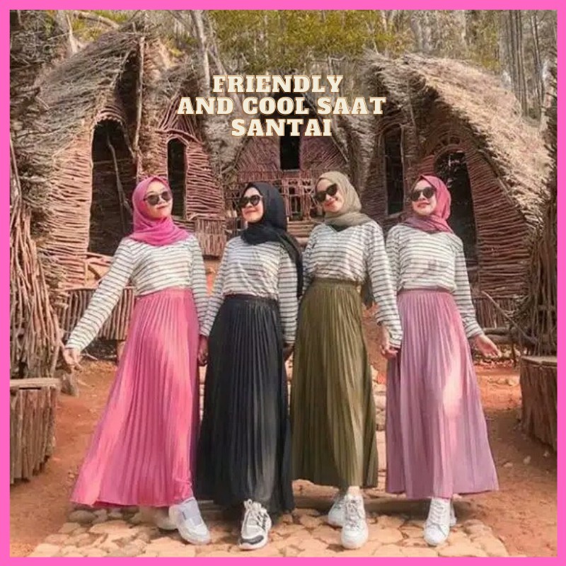 Ootd Rok Bawahan Androk Wanita Plisket Panjang Premium Jumbo Polos Murah Warna Putih Army Hitam