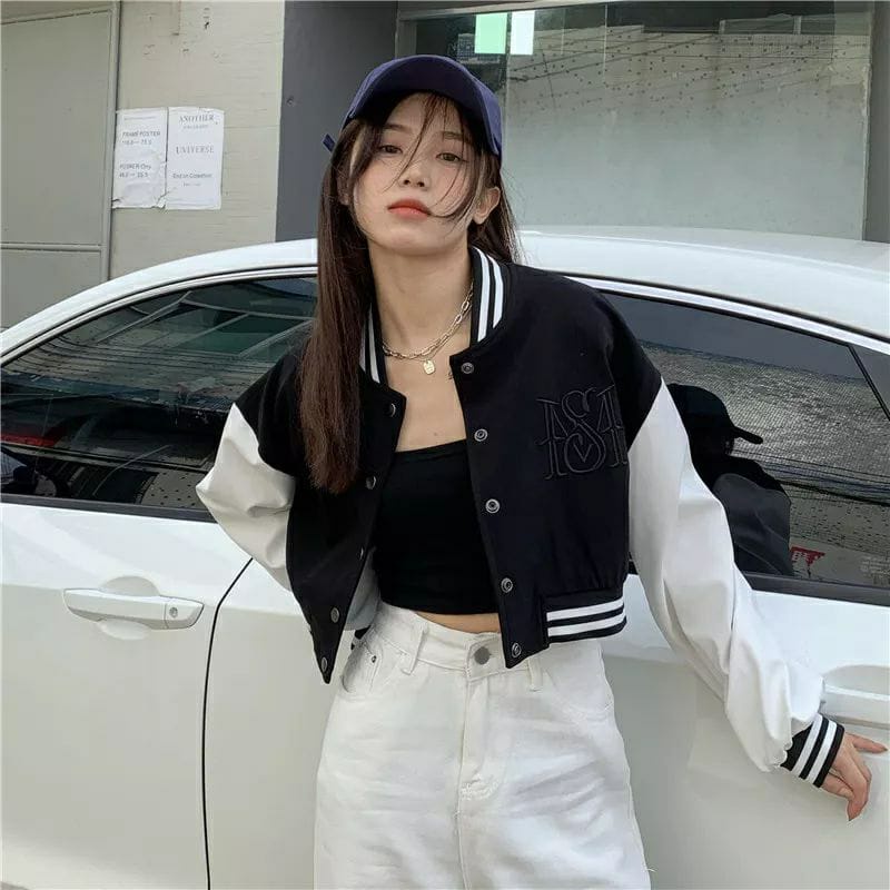 MISS BISBOL CROP BORDIR JAKET CEWE - BASEBALL BW JAKET VARSITY CROP FLEECE