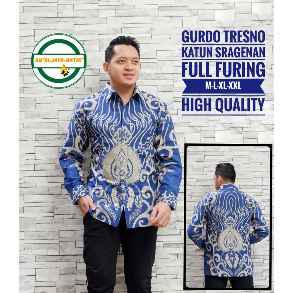 GURDO TRESNO ALJAYA KEMEJA BATIK SOLO PRIA LENGAN PANJANG PENDEK LAPIS FURING ATASAN PREMIUM MODERN KATUN HALUS PAKIS AJI BANYU BIRU KSATRIA ABU WULU WAYANG SRIKATON GESEM ROGOSUKMO EMAS PEKSI BIRU NIRWANA LAWASAN LAKSAMANA ELANG KETAMAN IJO GURDO PUTIH