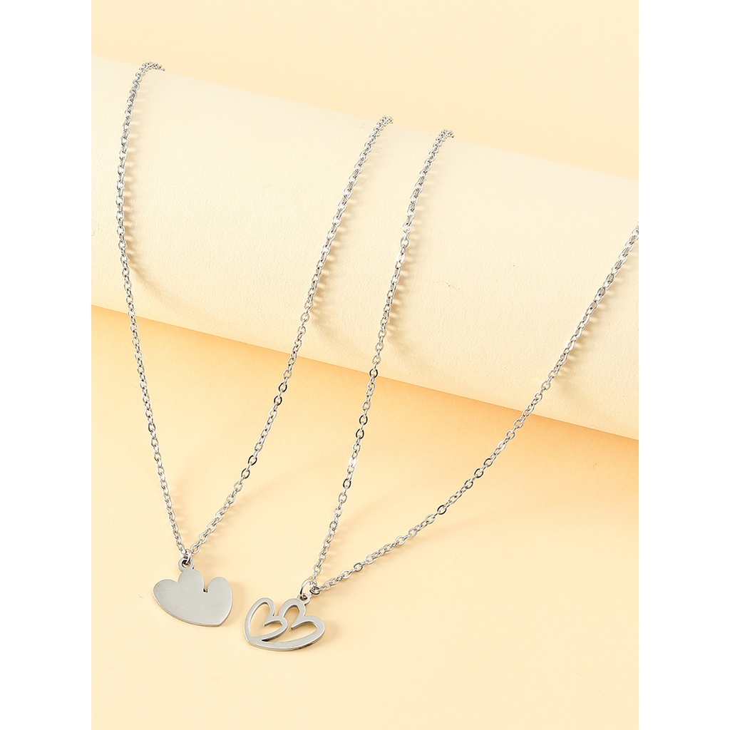 2pcs / SET Kalung Rantai Klavikula Bahan Stainless Steel Model Hati Ganda Hollow Untuk Hari Ibu