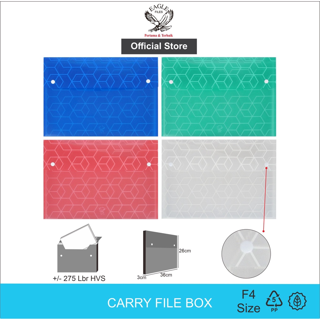 

EAGLE Carry File Box Transparan Tebal 3 Cm F4 (Folio) / Tas Dokumen / Map Dokumen 2 Kancing Motif KUBUS