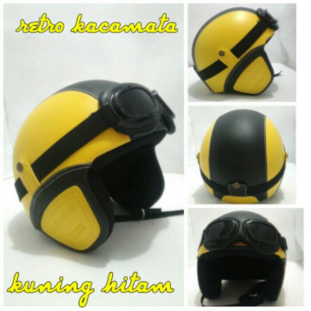 Helm Retro Kulit Klasik Kuning Hitam Kacamata SNI