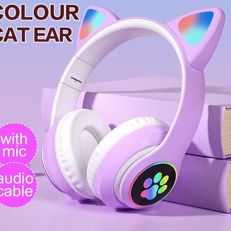 Terbagus.. Headphone kucing karakter Gaming Bluetooth Wireless game headset Cat Ear bando anak perem