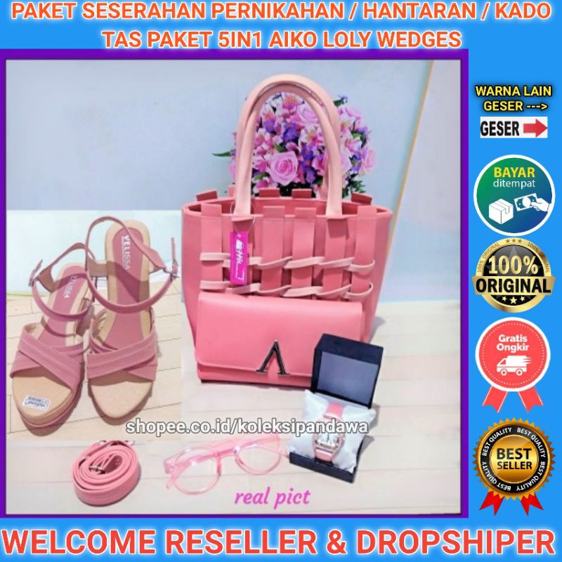 PAKET SESERAHAN PERNIKAHAN TAS PAKET JAM TANGAN KACAMATA DOMPET SENDAL WEDGES SANDAL WEDGES WANITA