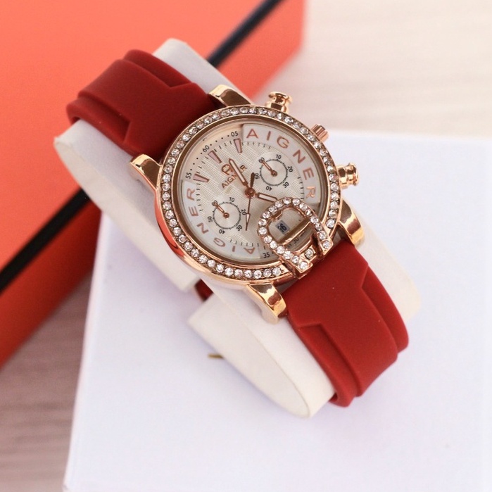 JAM TANGAN WANITA AIGNER J100 TALI RUBBER CHRONO OFF TANGGAL AKTIF DM 3.5CM FREE BOX  || JAM TANGAN FASHION WANITA AIGNER