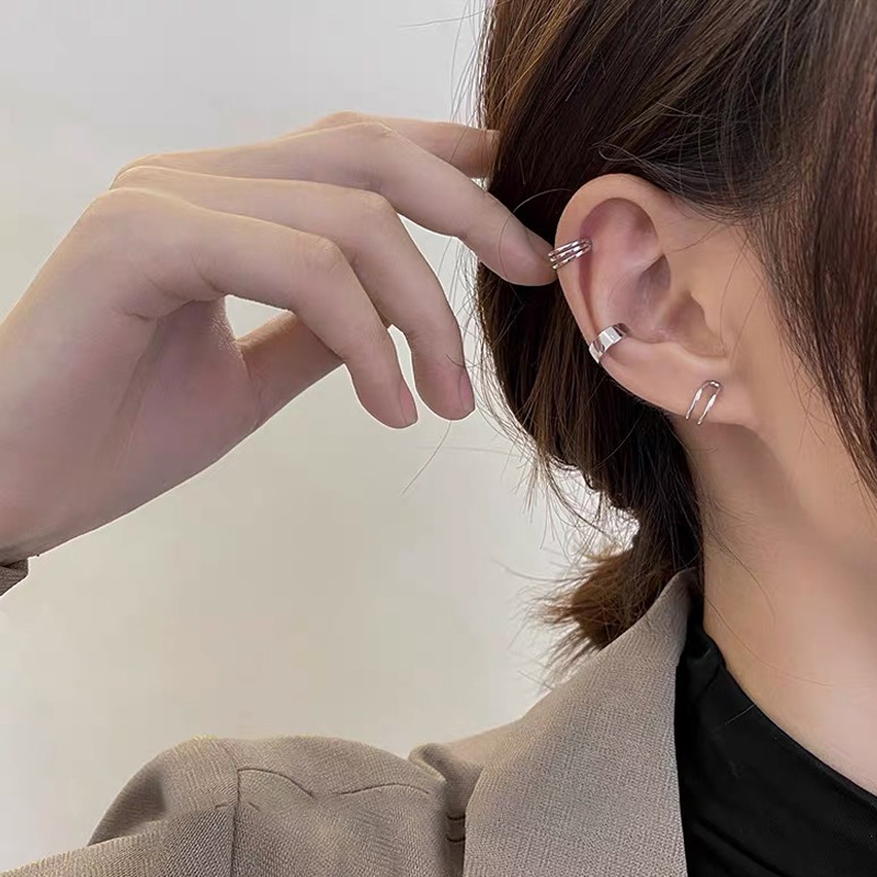 Magic789 3 Pcs Chic Perak Garis Geometris Anting Klip Untuk Wanita Perempuan Bergaya Non-Piercing Cuff Earring All-match Anti Alergi Telinga Perhiasan Aksesoris Harian