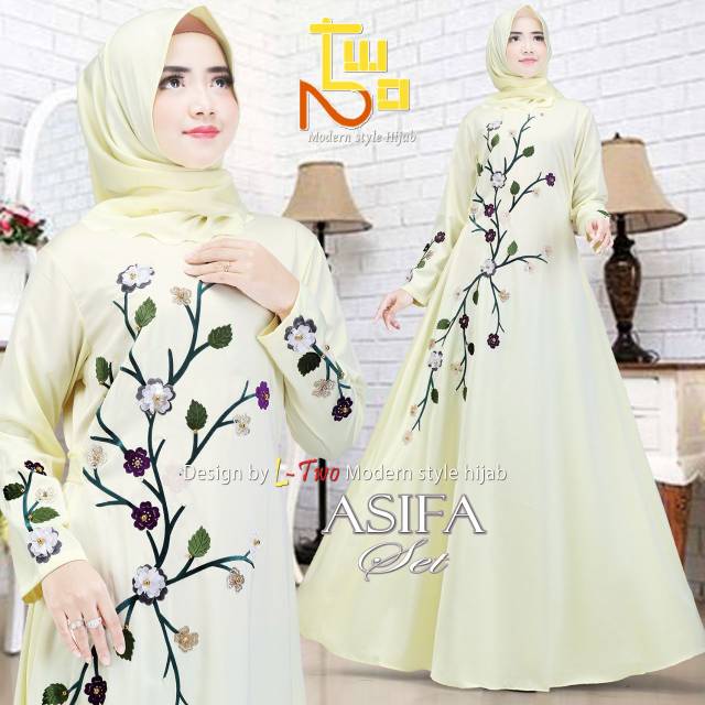 ASIFA Set By L Two Towe Hijab Original Design - Gamis Abaya Pesta Cavali Silk Polos Mewah Simple
