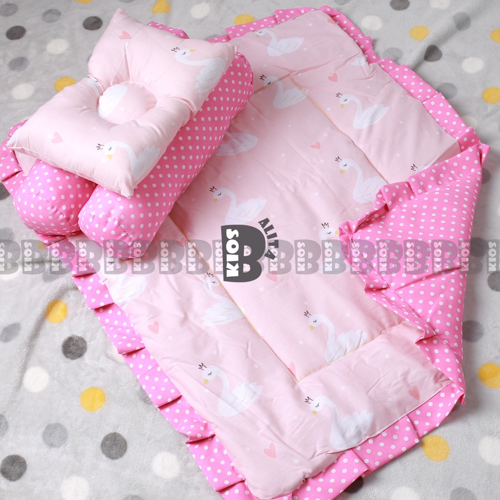 BED COVER SET BAYI Bed Cover Bayi Bantal Guling Selimut Bayi Tempat Tidur FREE tas mika Kado Lahiran-SWAN PINK