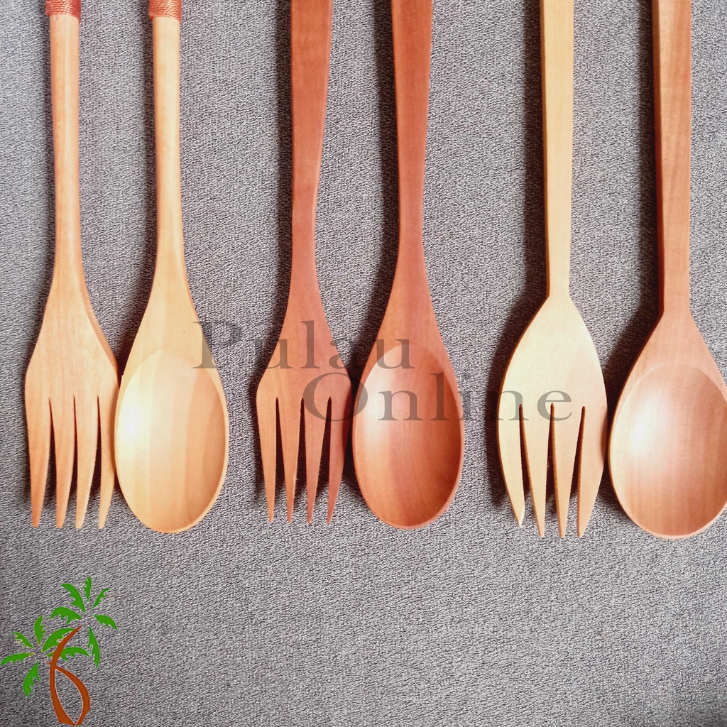 Set Sendok Garpu Makan Saji Kayu Sawo | Wooden Cutlery Spoon | Alat Makan Kayu - Pulau Online