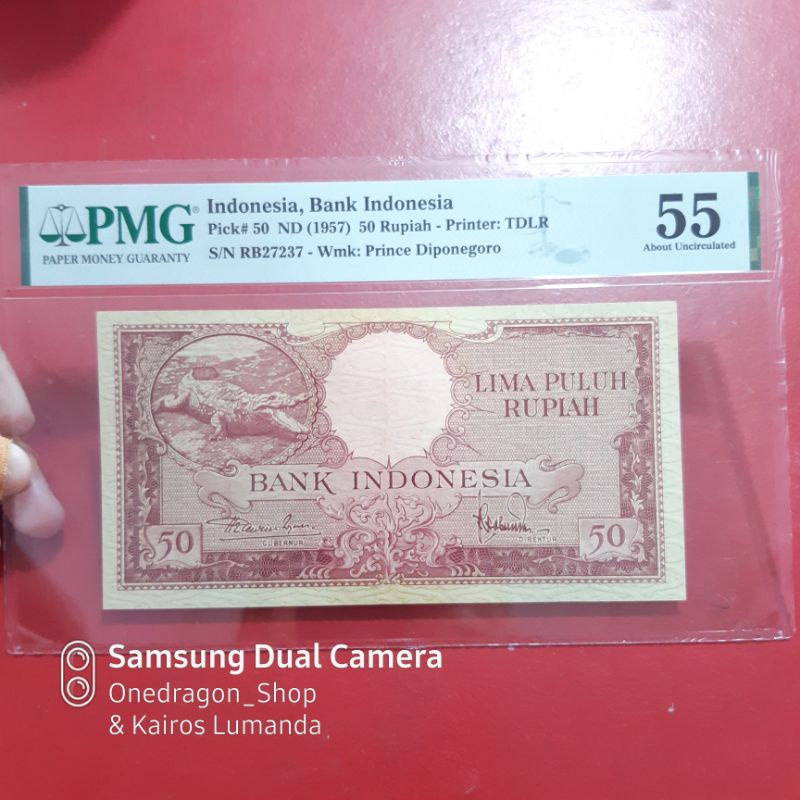 Uang Kertas Kuno 50 Rupiah Tahun 1957 Buaya PMG 55