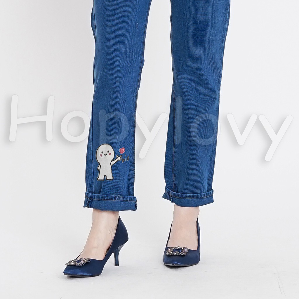 HOPYLOVY - Celana Boyfriend Jeans Wanita Printing Biu