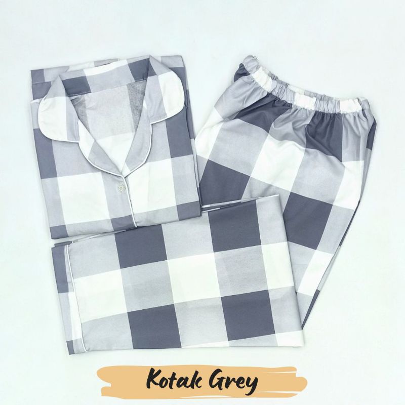 Baju Tidur Wanita | Piyama Wanita Kekinian | Oneset Setelan Wanita Bahan Katun Polymicro Bebas Pilih Motif-Kotak Grey