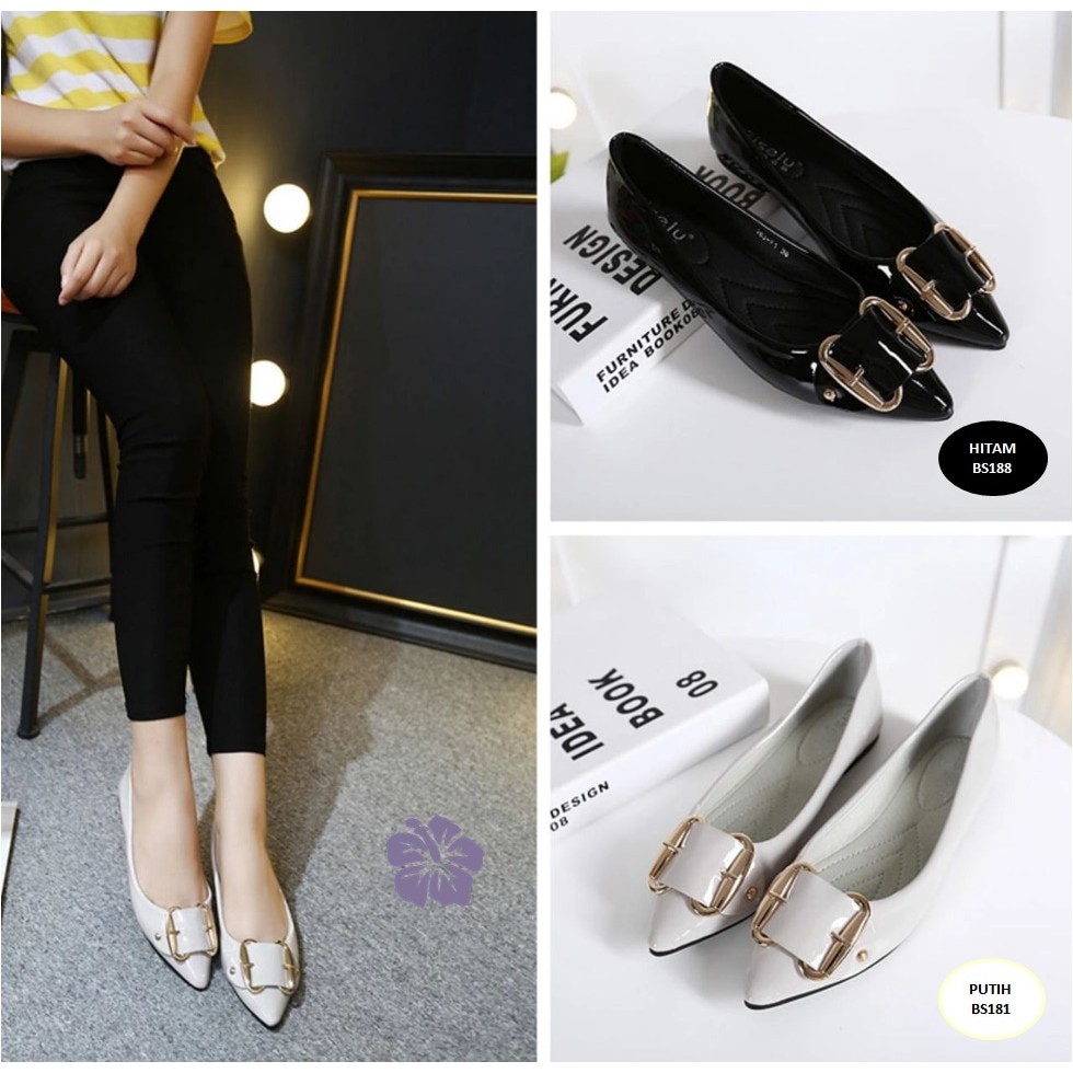 Flatshoes Wanita Lancip Ring Putih. Hitam Marius BS