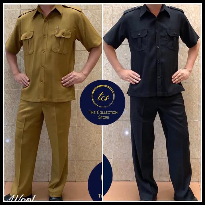 Baju Seragam Pemda Pria, Semi Wool, Pns Pemda, Kemeja Dan Celana - L, Hitam
