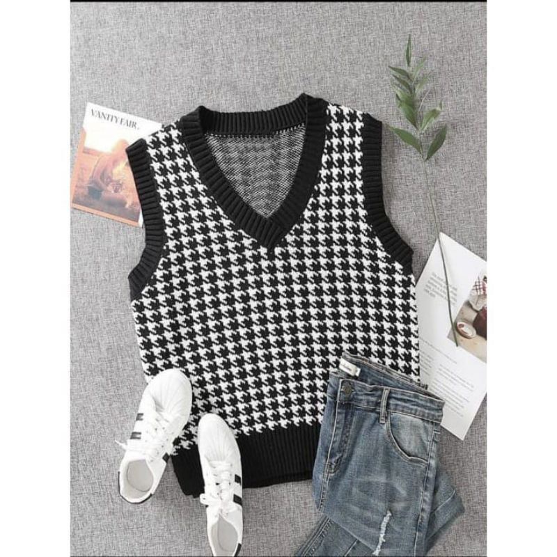 FX SHOP JENNIE VEST RAJUT HOUNDSTOOTH PREMIUM / ROMPI RAJUT