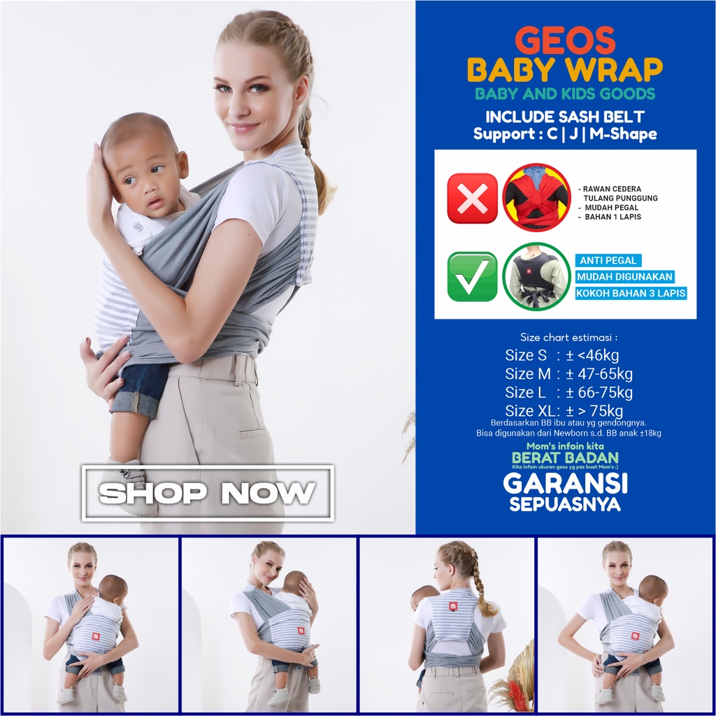 Gendongan Bayi M Shape Depan Samping Geos Gendongan Baby Wrap Instan Premium