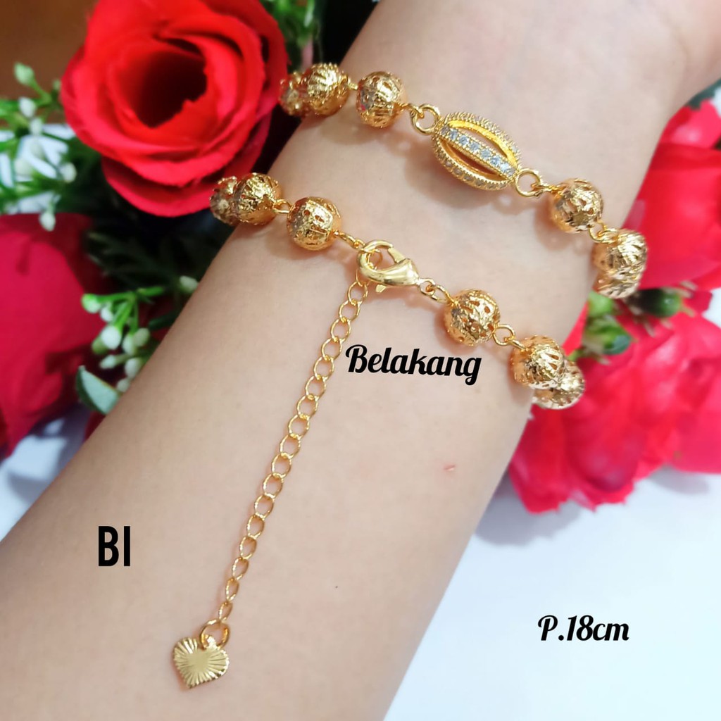 Gelang TITANIUM Rantai bola plat permata varian motif gold,perhiasan wanita terkini COD