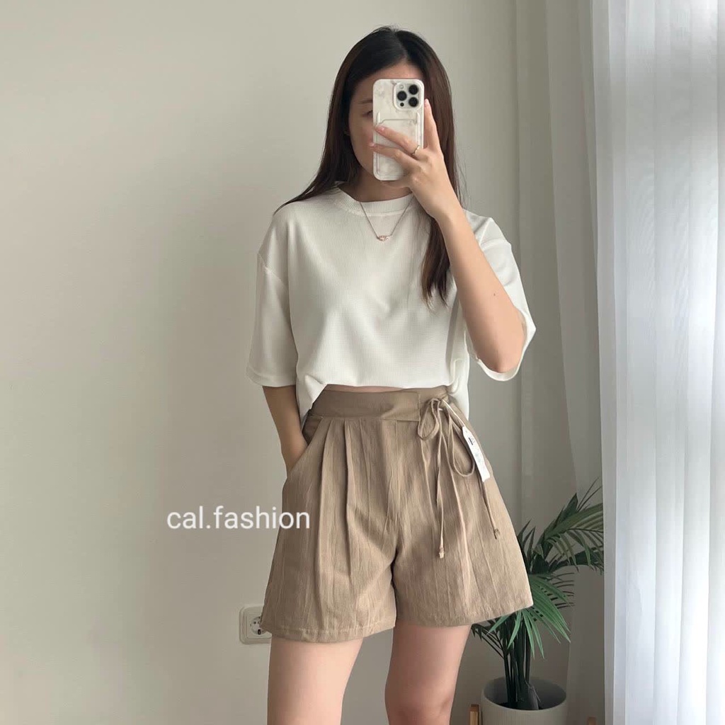 Bisa COD Ruby Short Pants by cal.fashion Bahan Linen Warna Coffee Latte Oat Black White Jakarta Cela
