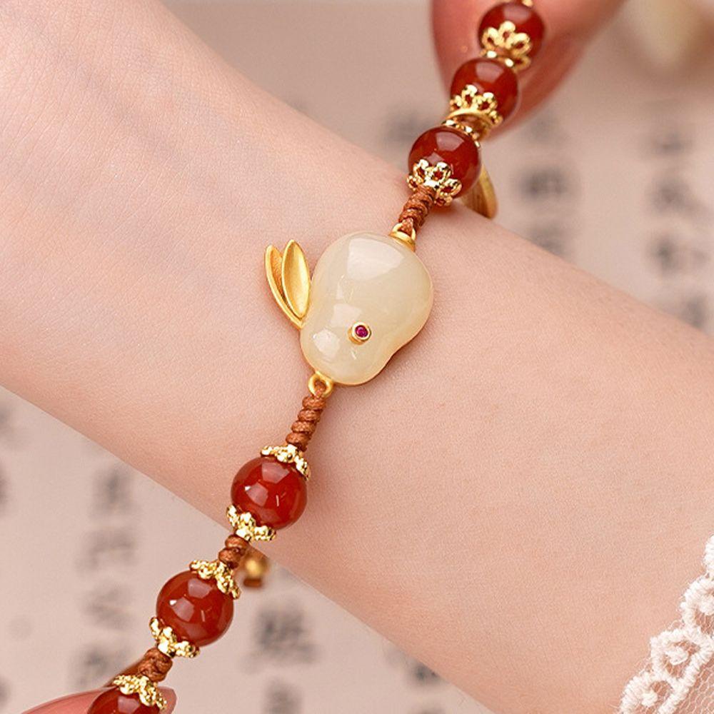 Gelang Giok Agate Merah Hijau Bentuk Kelinci Gaya China Korea Untuk Hadiah