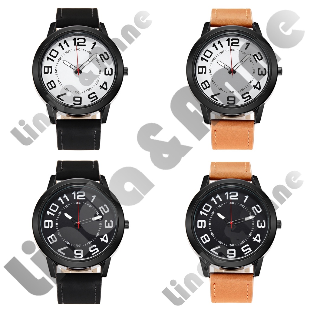 Jam Tangan Pria Strap Pu Leather Dial Bulat Angka Analog Elegan Fashion Korean Import