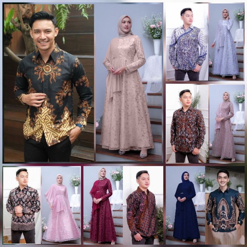 BATIK OFFICIAL SOLO Batik Couple Rayya Tulle mutiara kombinasi ceruty payet &amp; kemeja batik