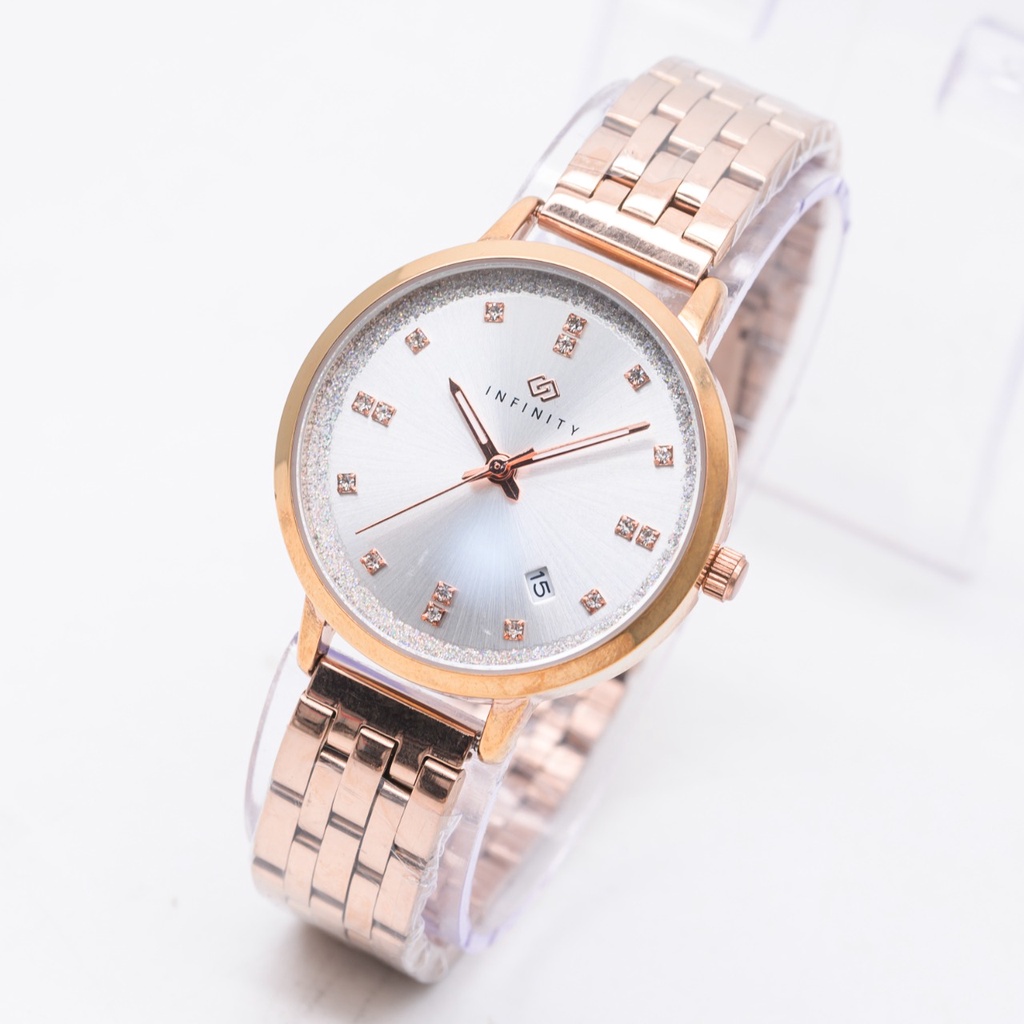 BEST SELLER JAM TANGAN WANITA INFINITY R65 TALI RANTAI TANGGAL AKTIF DM 3.5CM FREE BOX || JAM TANGAN WANITA FASHION WANITA INFINITY