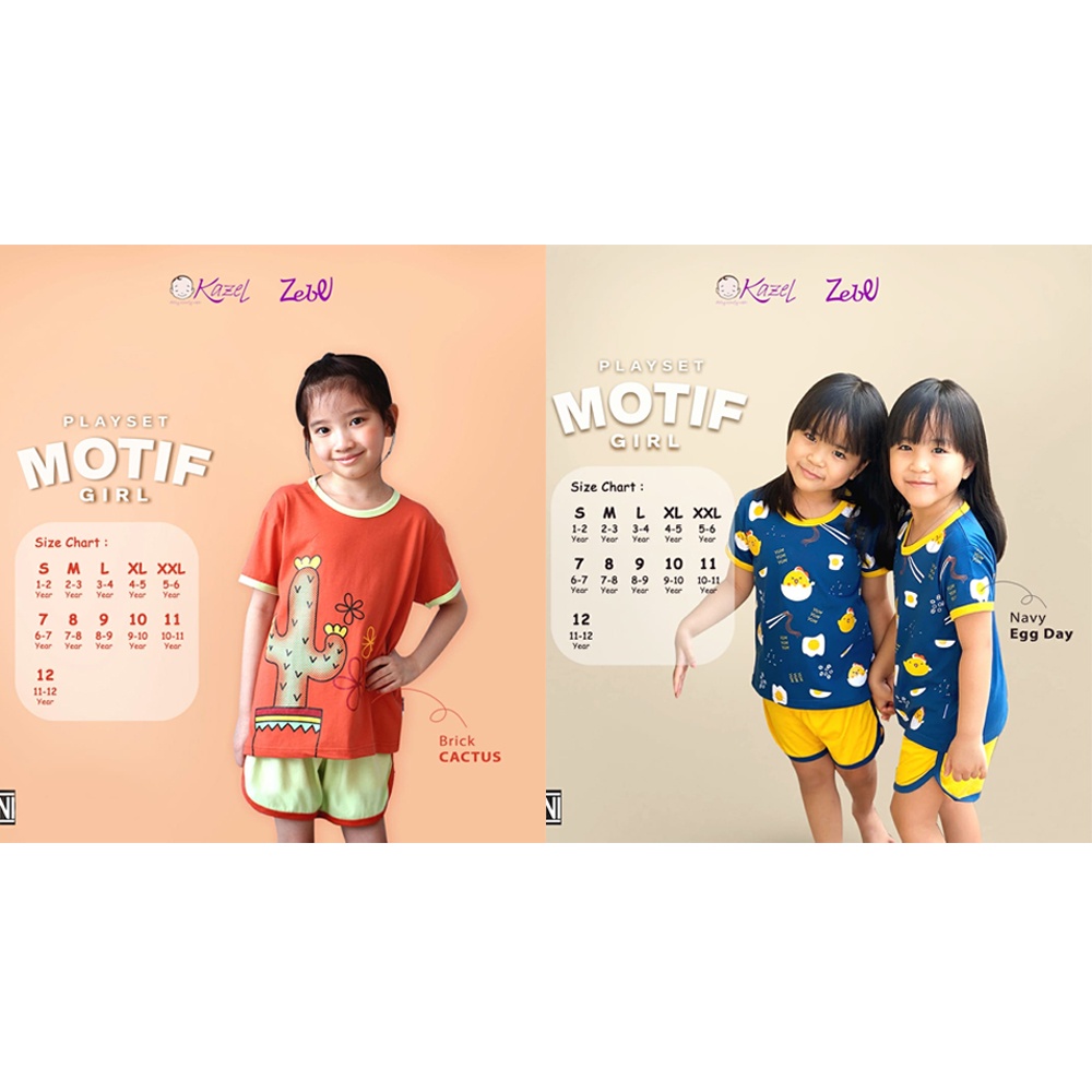 Kazel Zebe Playset Motif Girl Variasi Motif Setelan Pendek Baju Anak Perempuan