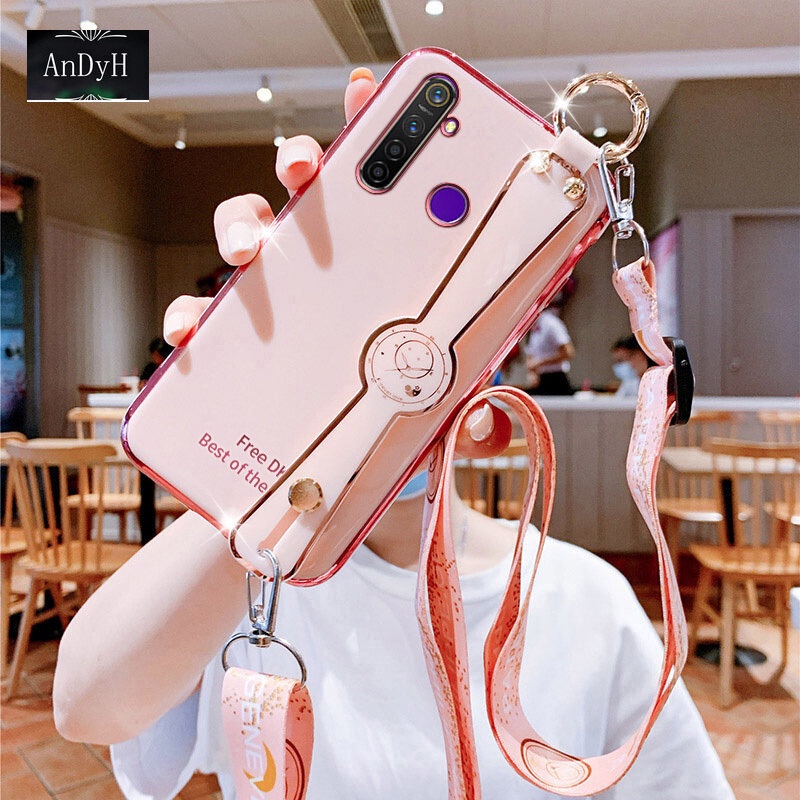 Soft Case Dengan lanyard Leher Aksen Berlian Imitasi Untuk OPPO Realme 5 Pro C3 5S 6i 5i