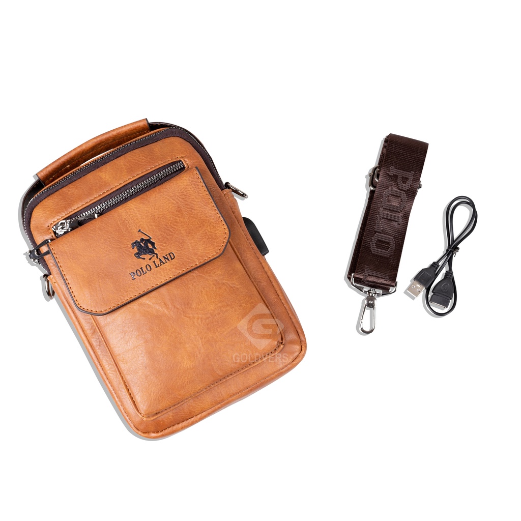 Tas Selempang Pria Kulit Slempang Pria Slingbag Cowok POLO LAND MULTIFUNGSI + FREE KABEL USB - Distributor