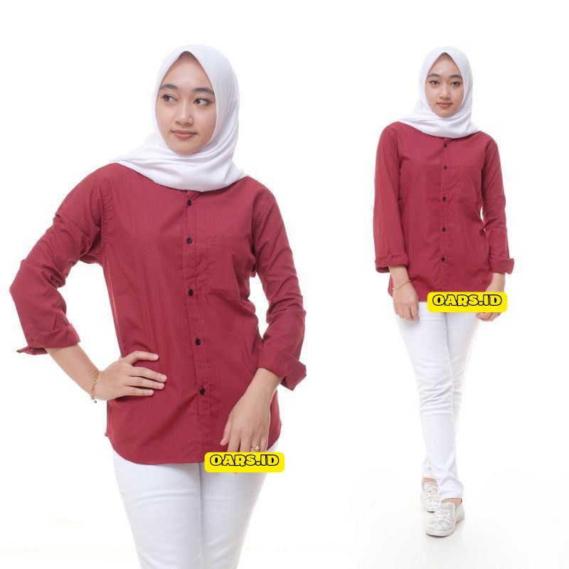 Pakaian wanita kemeja polos lengan panjang tosca putih softblue M L XL