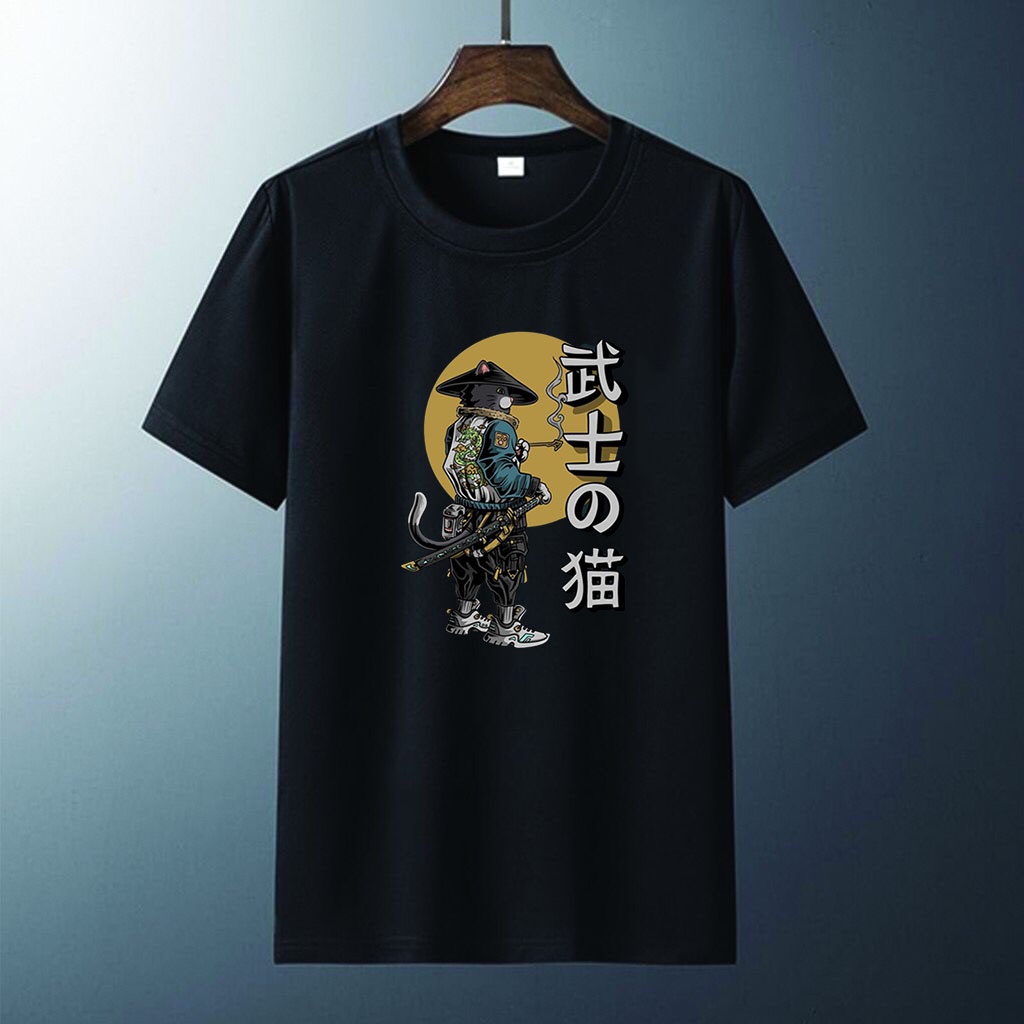 Kaos Distro Pria Gambar Jepang Tulisan Jepang samurai Atasan Pendek T-shirt Pria Dewasa Baju Unisex cowok cewek