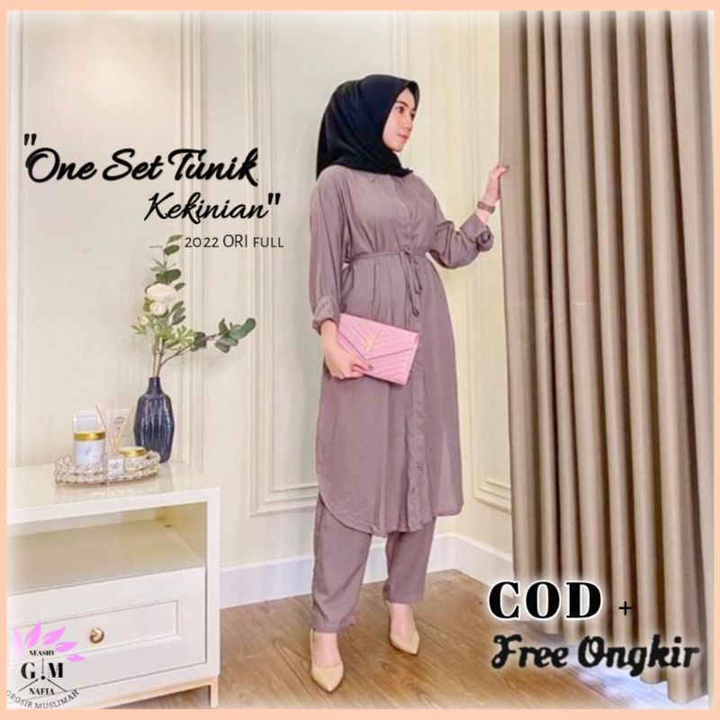SETELAN TUNIK CELANA ONE SET WOLFIS PREMIUM POLOS FULL KANCING VERONA SET BY FASHION HIJAB