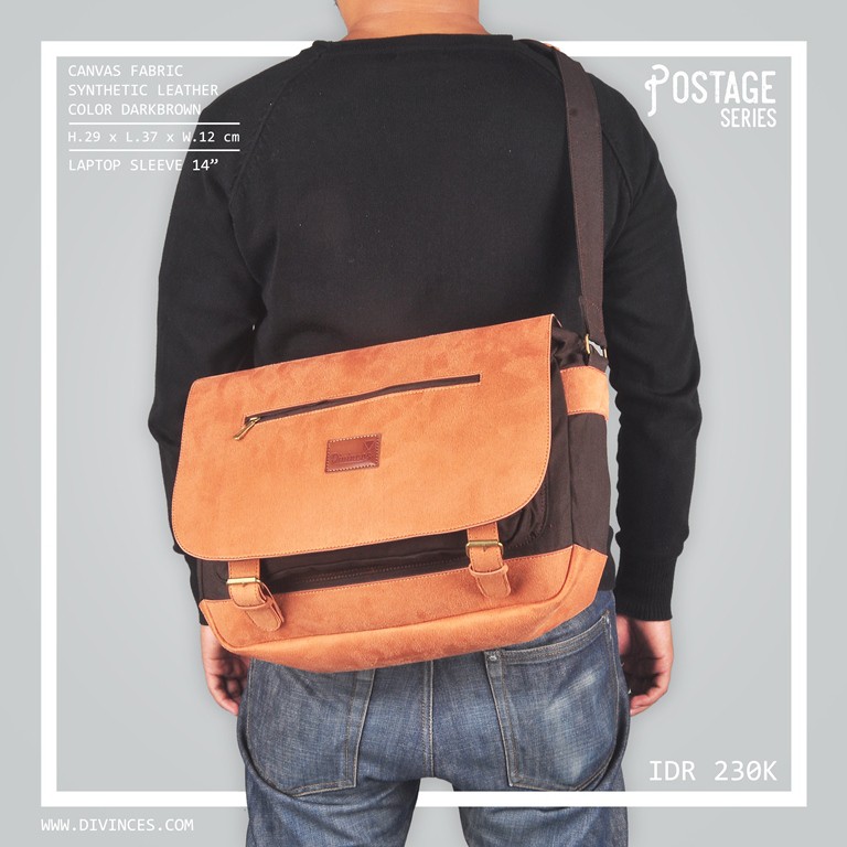 DIVINCES Postage - Tas Selempang Laptop Kanvas Keren & Kece,Tas Pria