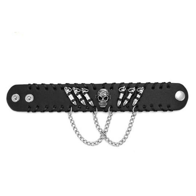 Gelang Rantai Adjustable Desain Tengkorak Bahan Kulit Warna Hitam Gaya Punk Rock Gothic Untuk Pria