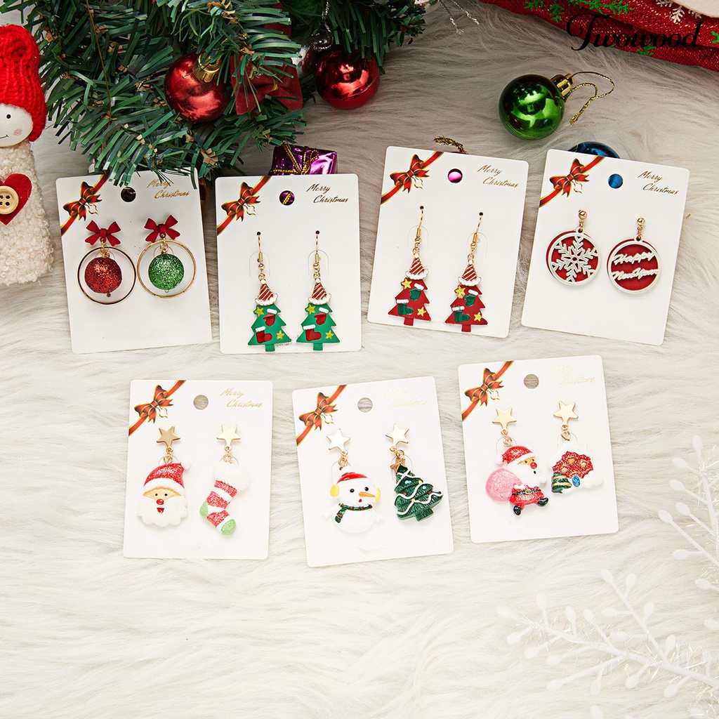 1 Pasang Anting Hook Liontin Santa Claus Pohon Natal Snowman Kaus Kaki Untuk Wanita