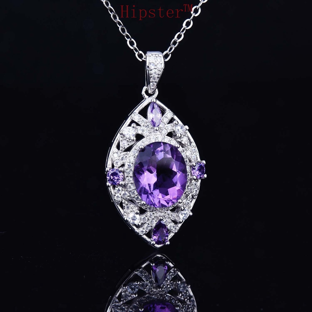 925 Silver Natural Amethyst Pendant 18K Platinum Necklace for Women