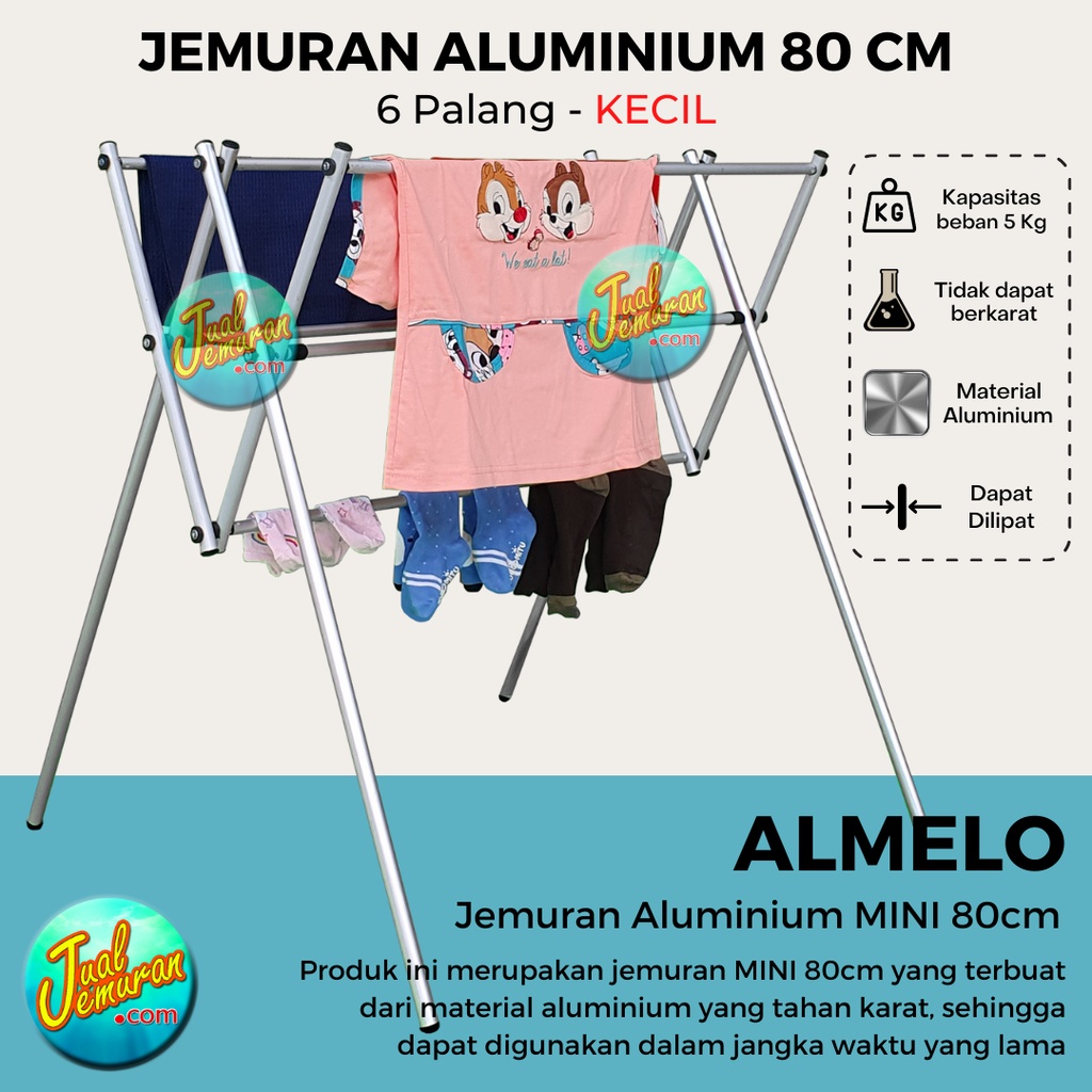 Jemuran Baju Lipat Aluminium Kecil 80 cm / Rak Jemuran Pakaian MINI 80 cm Anti Karat 6 Palang