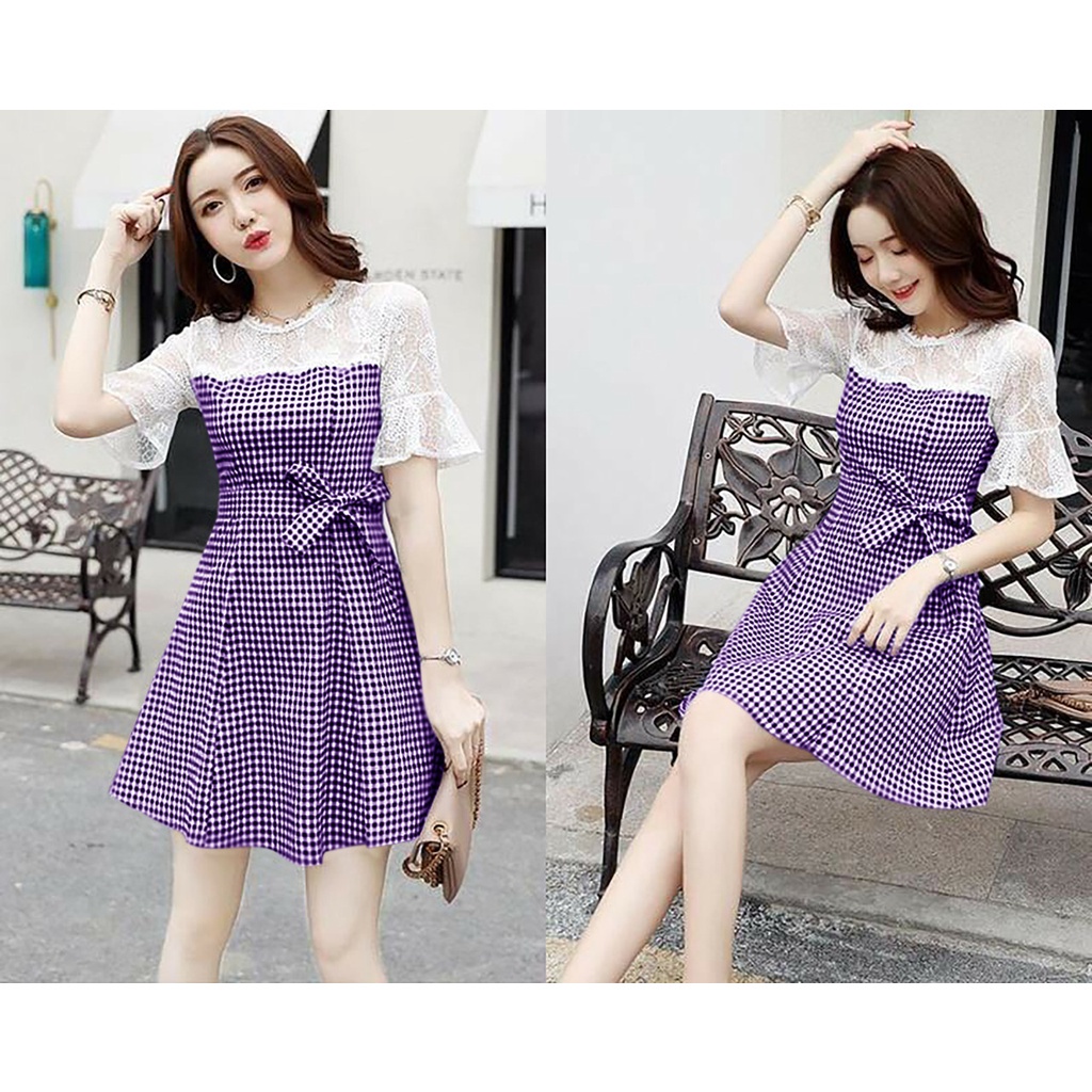 WSE390 - Dress Chikita UK Fit L To XL LD 100 CM PJ 85 CM Katun Kombinasi Brukat Dress Motif Kotak-kotak PREMIUM QUALITY