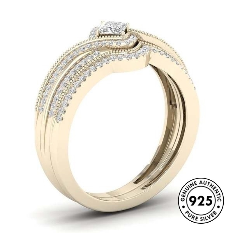 S925 Silver New Luxury Inlaid Diamond Square Princess Ring Set