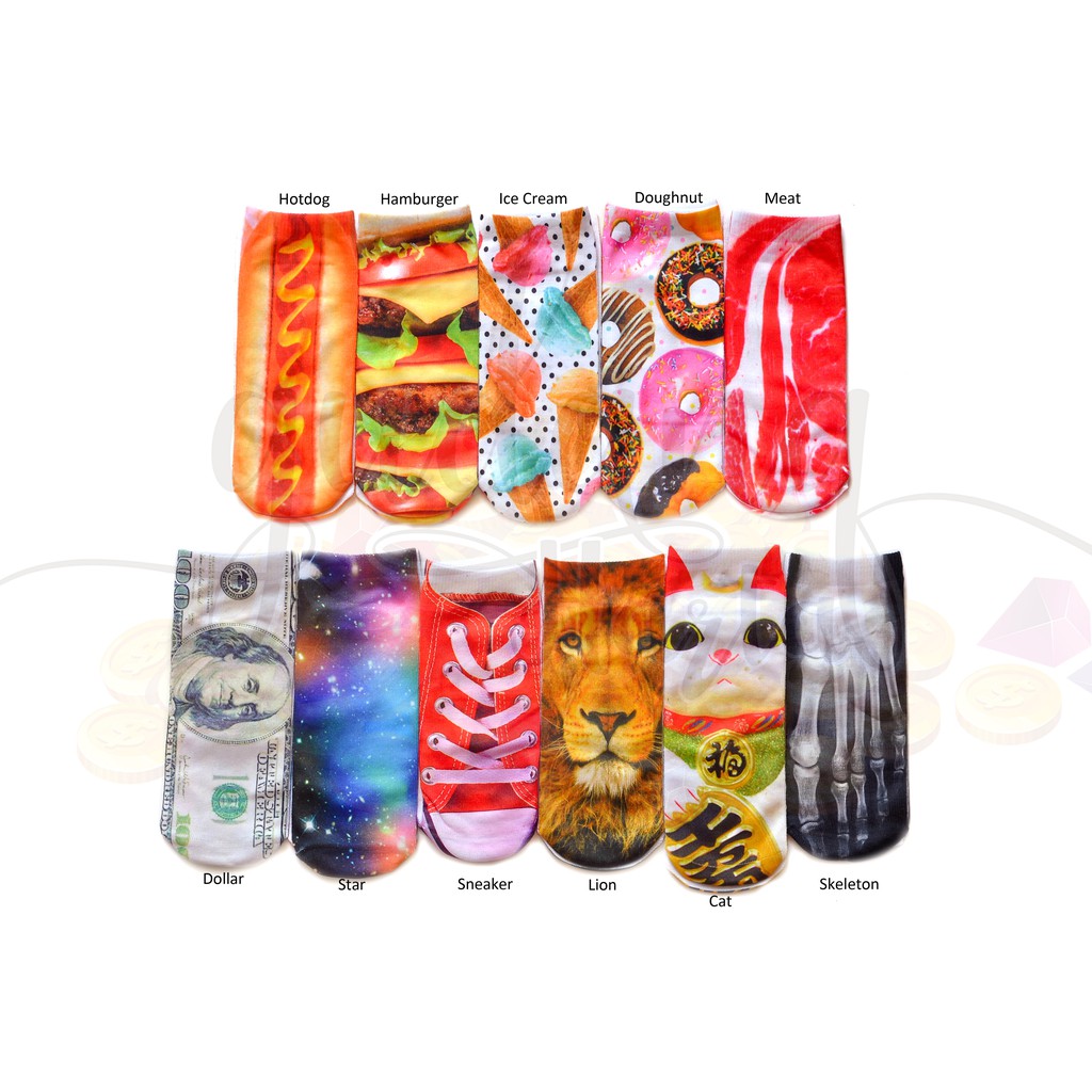 Kaos Kaki Wanita Pendek 3D Lucu Unik Ice Cream Hamburger Donut Kucing Tulang GH 103161