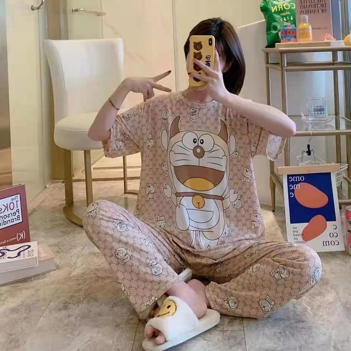 Piyama CP wanita baju tidur import jumbo/bigsize-CP DORAEMON BROWN