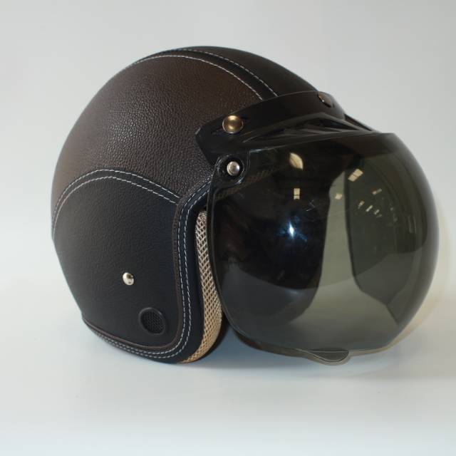 Helm Bogo Retro Kulit Full Leher Dewasa Sni Hitam Coklat