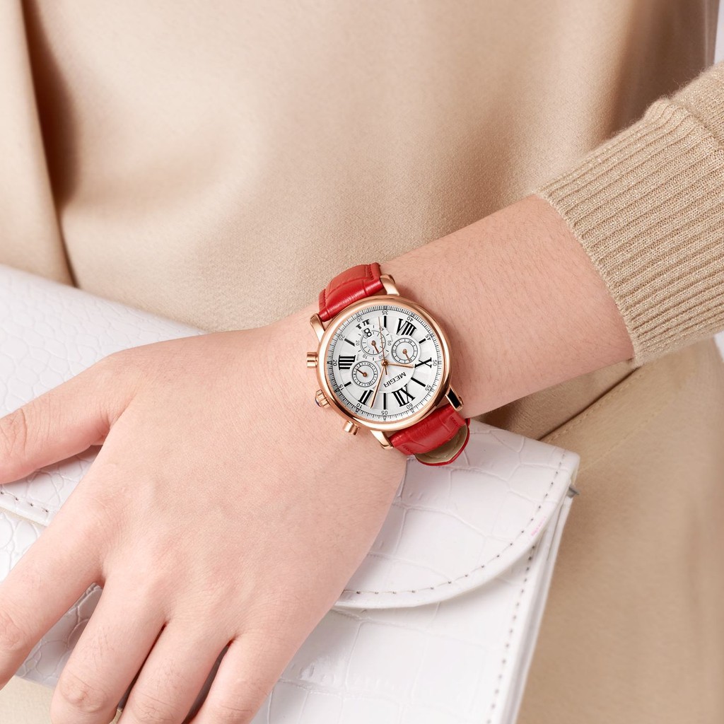 MEGIR 2058 Jam Tangan Wanita Analog Chronograph Tanggal Aktif Tali Kulit WATCHKITE WKOS